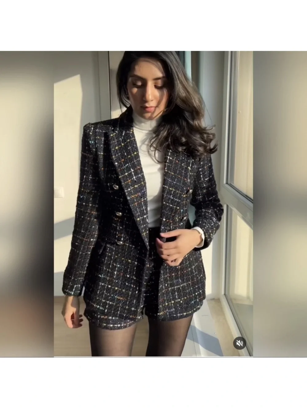 ZARA 2 PIECES MATCHING  SET DOUBLE BREASTED TWEED BLAZER AND SHORTS